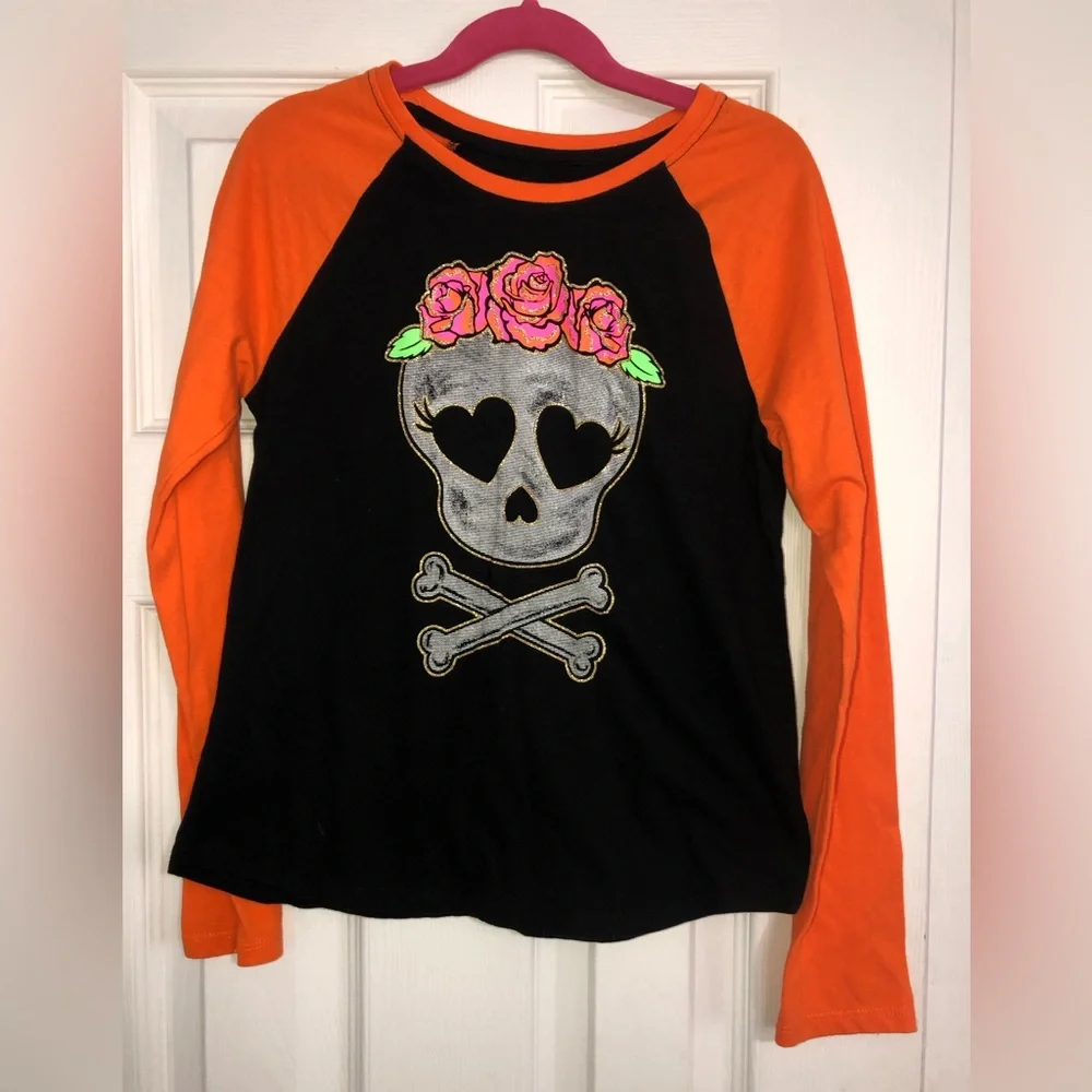 Halloween girls long sleeve shirt size 10/12 skull day of the dead orange black